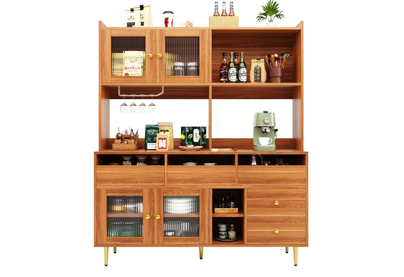 IDEASY Küchenbuffet Buffetschrank, Hochschrank mit Glastür und Schubladen (Stehschrank mit Weinregal, Mehrschichtiger Stauraum) Küchenbuffet Anrichte mit Ablagefläche, 145 x 39 x 171cm von IDEASY