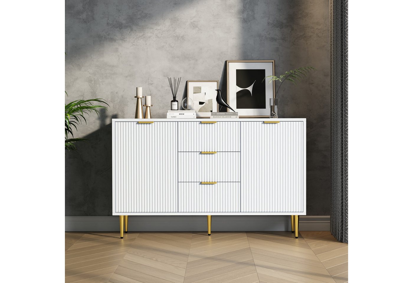 IDEASY Mehrzweckschrank Sideboard, Lagerschrank, Eckschrank, 2 Türen, 3 Schubladen, (vertikale Streifen auf der Frontplatte, 120*40*75 cm) geeignet für Küche, Schlafzimmer, Wohnzimmer und Esszimmer von IDEASY