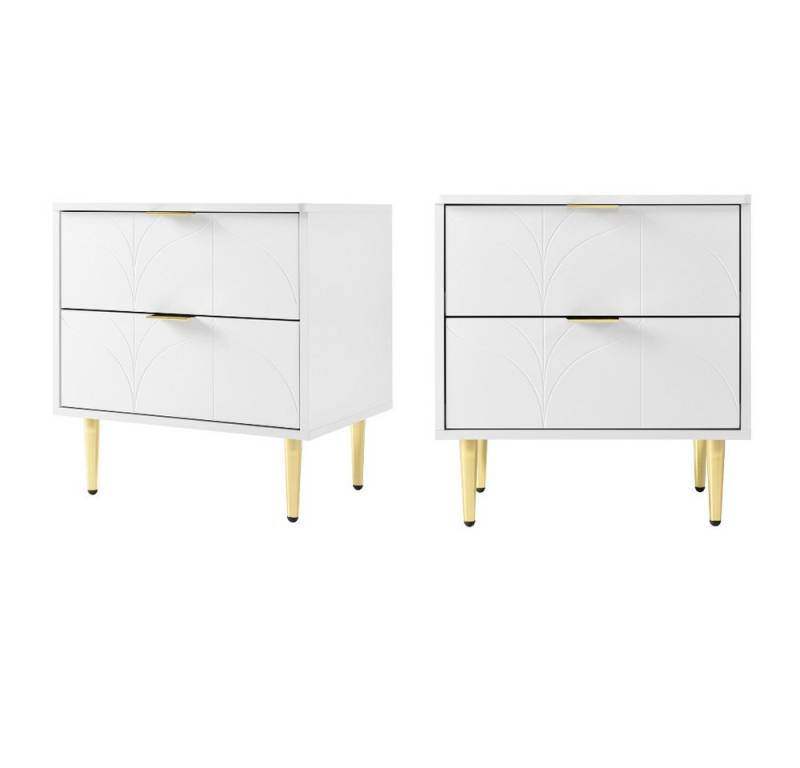 IDEASY Nachttisch Nachttisch mit floralem Muster, Nachttisch Weiß, 2er-Set Nachttisch (2 Stück), 2 Schubladen, goldene Griffe und Füße, 50 x 40 x 54 cm von IDEASY
