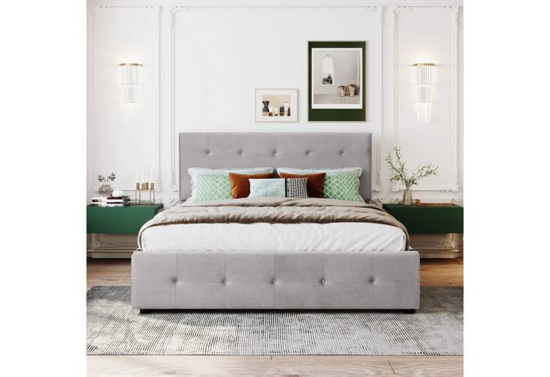 IDEASY Polsterbett 140 x 200 cm, Doppelbett mit Schubladen, Lattenrost und Rückenlehne, (Hautfreundliches Doppelbett aus Samtstoff), Grau (Matratze nicht enthaltet) von IDEASY