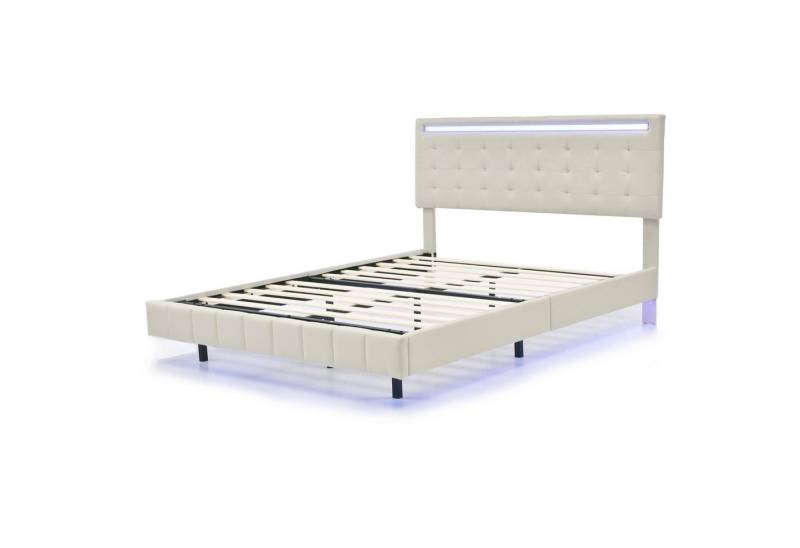 IDEASY Polsterbett 140 x 200 cm, gepolsterter Schwebebettrahmen (mit LED-Leuchten und Kopfteildesign), flächiges Doppelbett-Gästebett in hautfreundlichem Leinen Beige von IDEASY