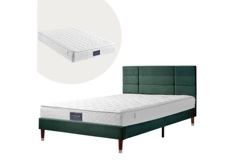 IDEASY Polsterbett 140x200cm Doppelbett in dunkelgrün/schwarz/Grau (Samt, Lattenrost, Gepolstertes Kopfteil, Mit Federkernmatratze), Für Erwachsene & Jugendliche von IDEASY