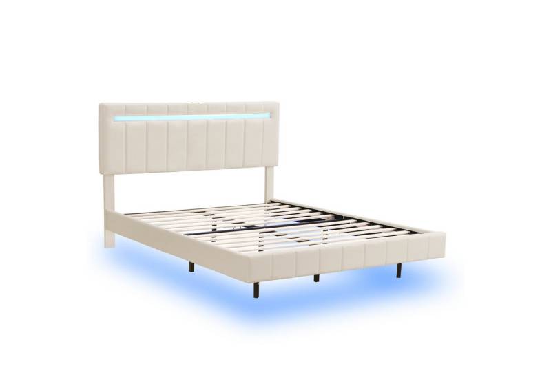 IDEASY Polsterbett 160 x 200 cm, (gepolsterter Schwebebettrahmen mit LED-Leuchten und Kopfteildesign), flächiges Doppelbett-Gästebett in hautfreundlichem Leinen Beige von IDEASY