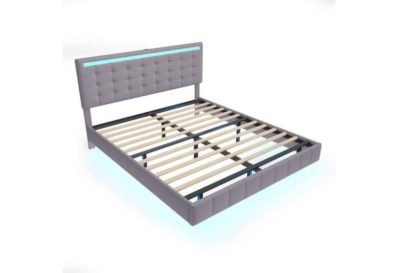 IDEASY Polsterbett 160 x 200 cm, gepolsterter Schwebebettrahmen, (mit LED-Leuchten und Kopfteildesign), flächiges Doppelbett-Gästebett in hautfreundlichem Leinen Grau von IDEASY