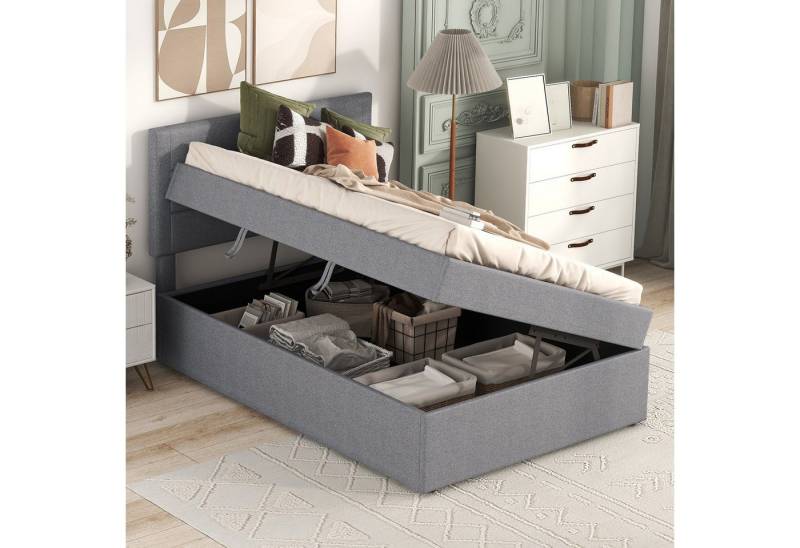 IDEASY Polsterbett 90 x 200 cm, Flachbett mit großem Stauraum (Gästebett Funktionsbett mit Lattenrost aus Metallrahmen), Einzelbett für Jugendliche und Erwachsene, (Matratze nicht enthalten) von IDEASY