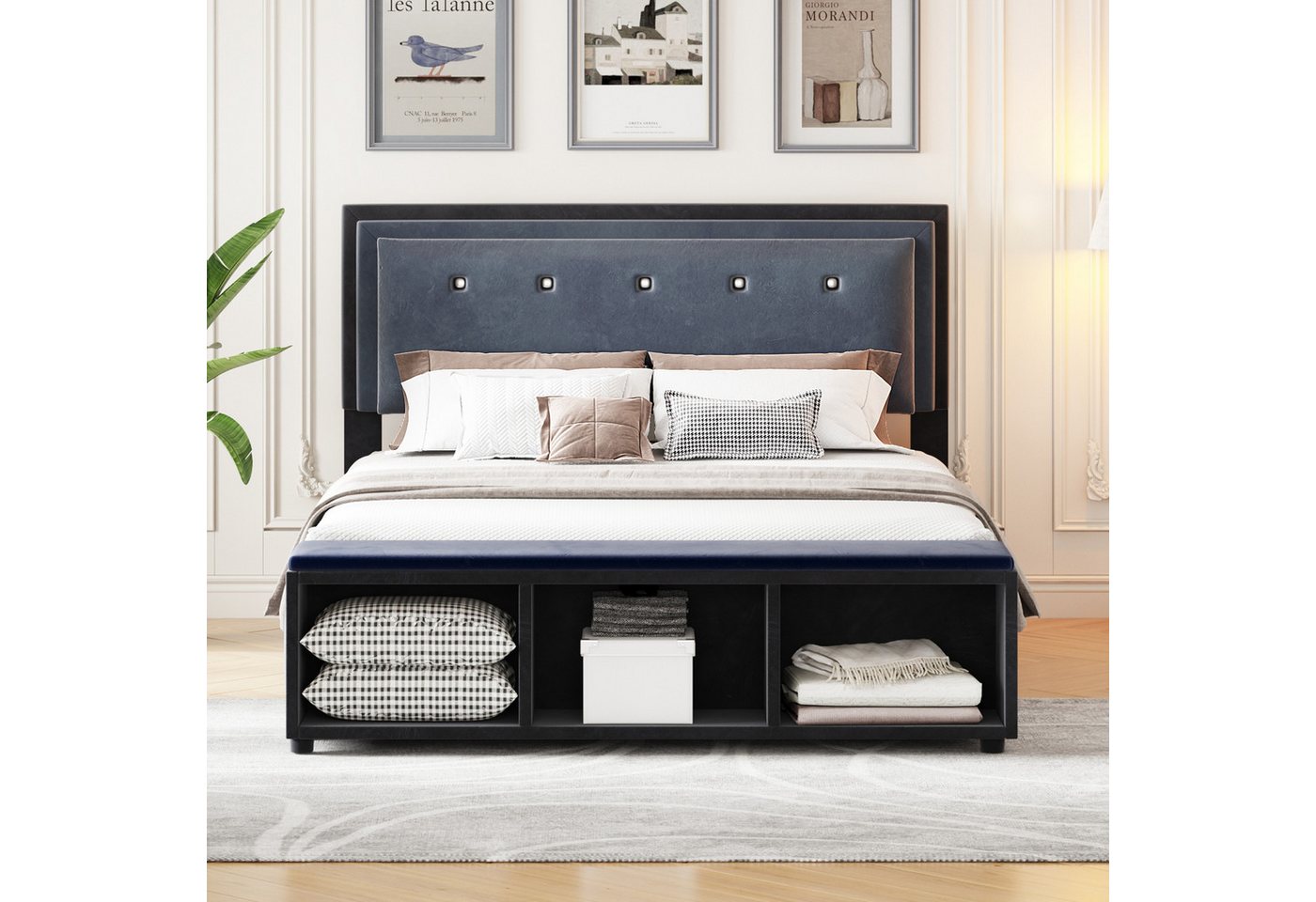 IDEASY Polsterbett Doppelbett, 140 x 200 cm, höhenverstellbares Kopfteil, (Fußstütze mit herausnehmbarer Aufbewahrung, grau), Samtstoff, Fußstütze am Ende des Bettes, Paillettenverzierung von IDEASY