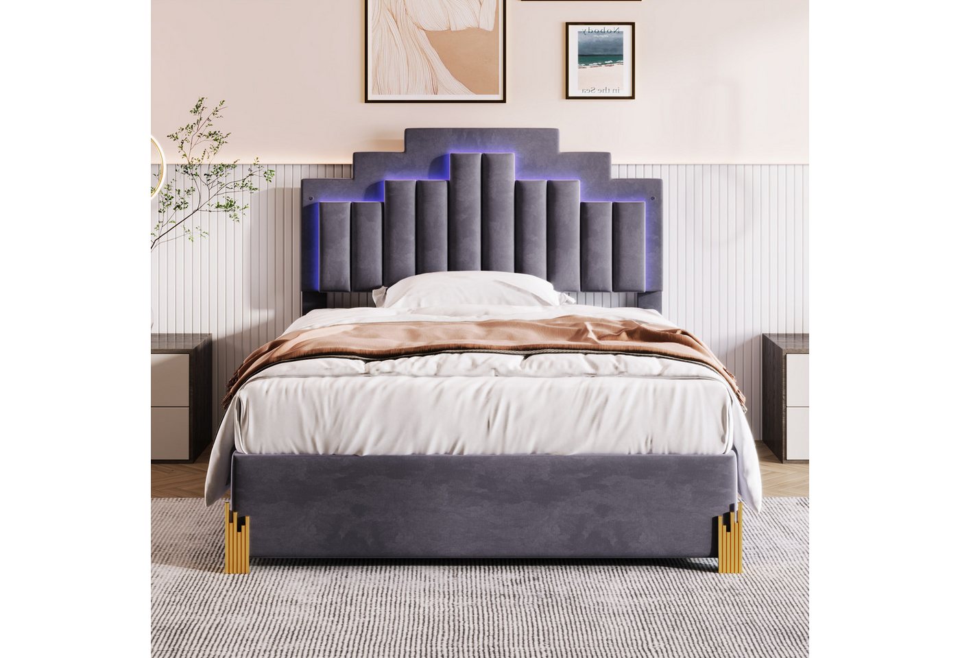 IDEASY Polsterbett Doppelbett, Jugendbett, 140 x 200 cm, mit LED-Licht, (4 Schubladen, höhenverstellbares Kopfteil, grau, Samtstoff), Matratze nicht im Lieferumfang enthalten von IDEASY