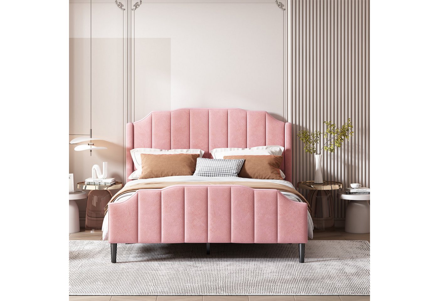 IDEASY Polsterbett Doppelbett, Jugendbett, Gästebett, 140 x 200 cm, Samt gepolstert, rosa/grau/beige, einfache Montage von IDEASY