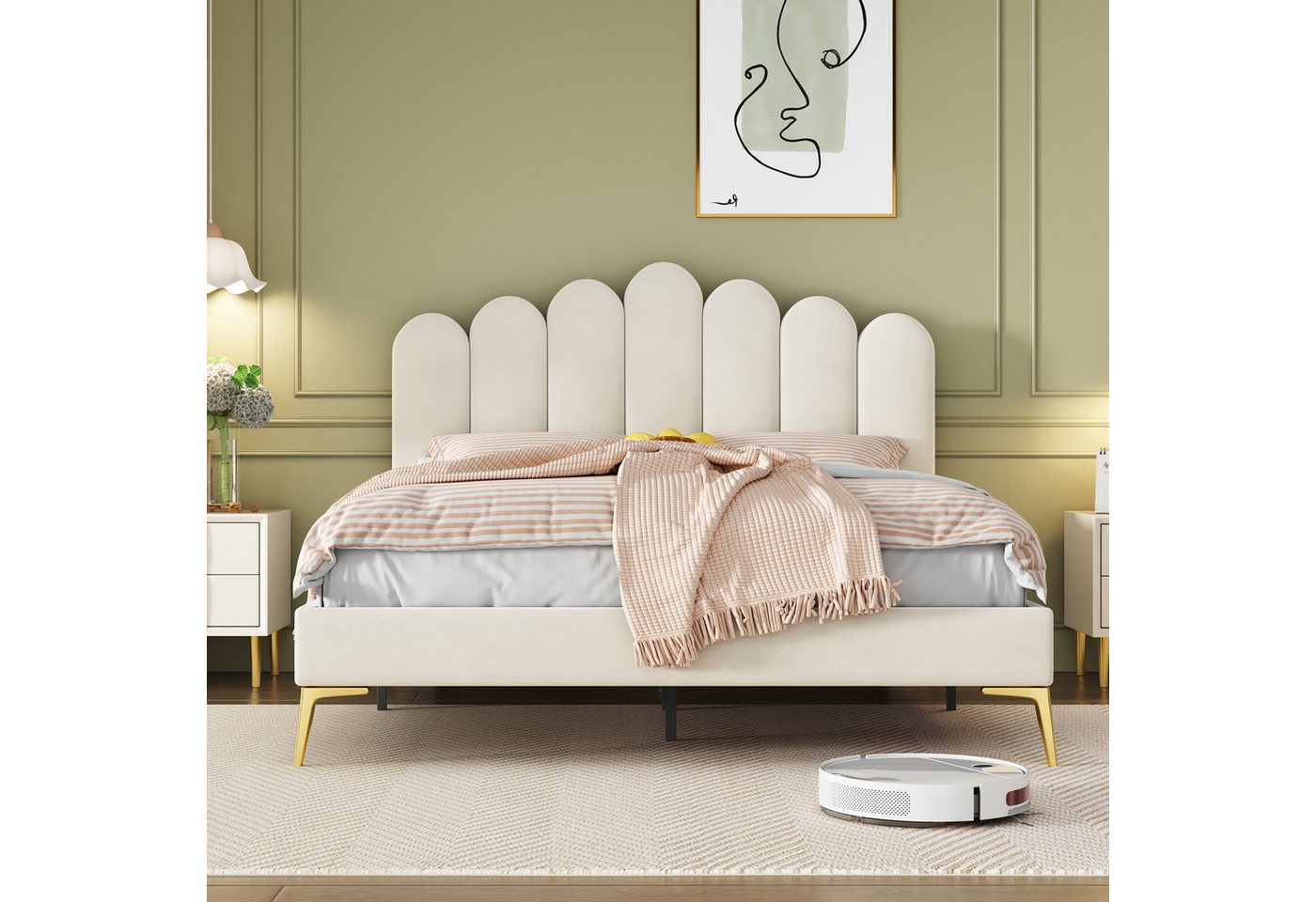 IDEASY Polsterbett Doppelbett, Jugendbett, Gästebett, 140 x 200 cm, hautfreundlicher Samtstoff, rosa, Metallfüße von IDEASY