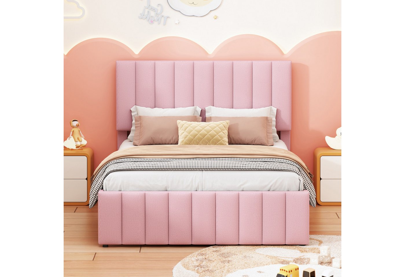 IDEASY Polsterbett Doppelbett, Plattformbett, 140 x 200 cm, (mit ausziehbarem Bett, 3 Unterbettschubladen), hautfreundliches Leinenmaterial, rosa, einfache Montage von IDEASY