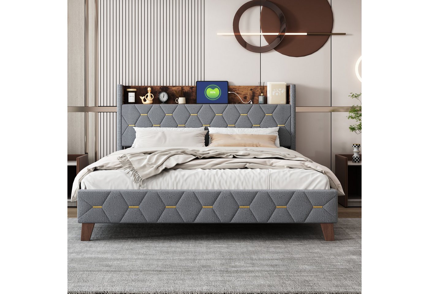 IDEASY Polsterbett Doppelbett, Queen-Size-Bett, 160 x 200 cm, (Stauraum am Kopfteil, mit USB-Anschluss, hautfreundlicher Samt), grau/beige, keine Boxspringbetten erforderlich von IDEASY