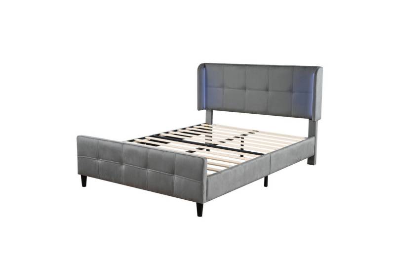 IDEASY Polsterbett Doppelbett mit 16-farbiger LED-Leisten an den Seitenohren, (Metallkiel, Bettkopf in drei Höhen verstellbar), Samt, Grau, 140x200cm, Gesteppte Kopf- und Fußteil von IDEASY