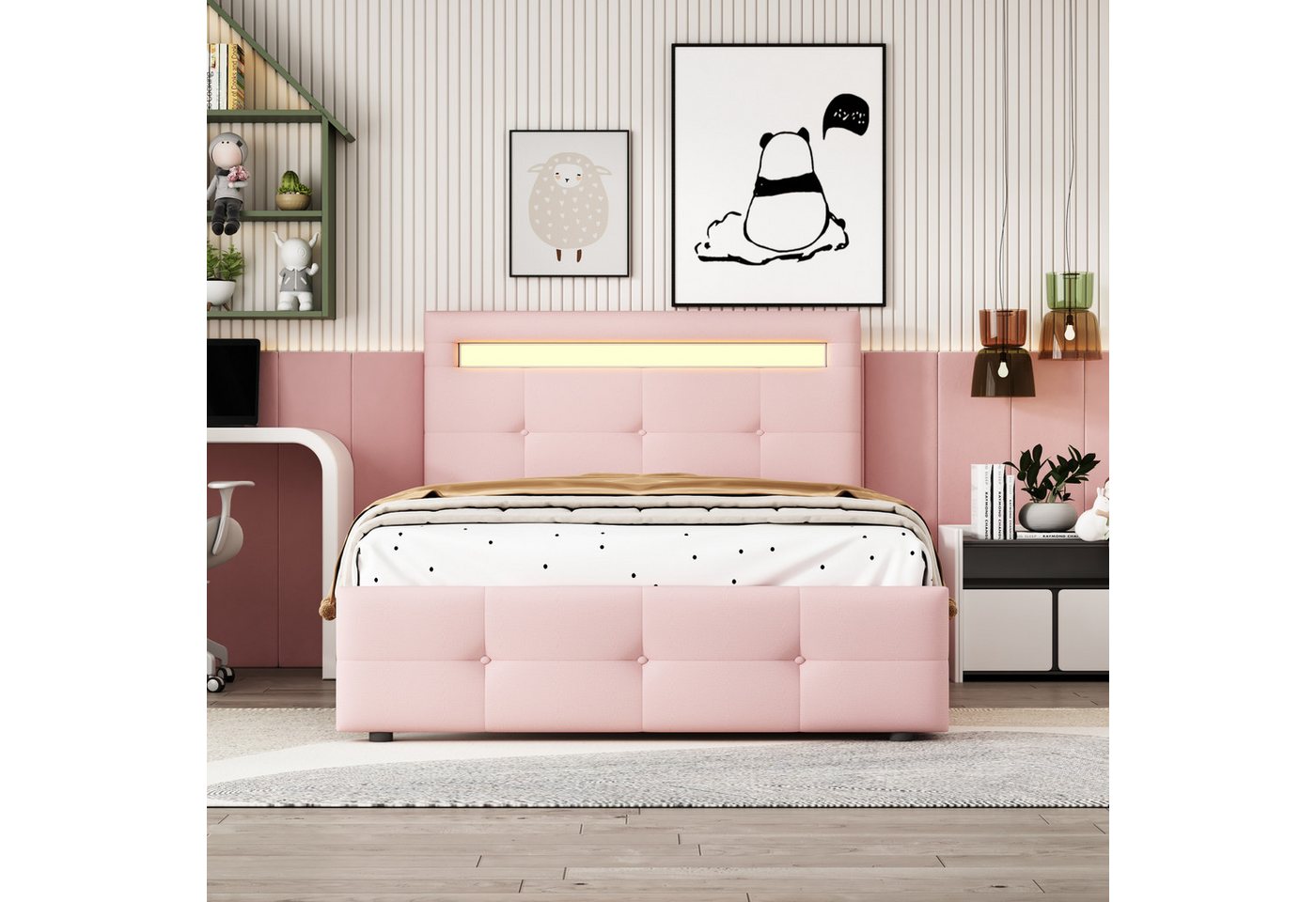 IDEASY Polsterbett Einzelbett, Kinderbett, 90 x 200 cm, (mit 16-farbigem LED-Licht (4 automatische Wechselmodi), 2 Schubladen, hautfreundliche Leinenpolsterung, rosa/beige von IDEASY