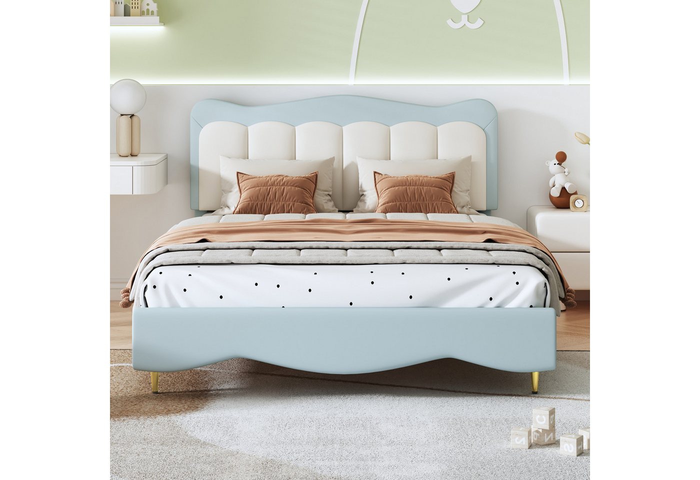 IDEASY Polsterbett Kinderbett, 90*200 cm/ 140 x200 cm, PU-Leder, rosa/blau, (goldene Beine, verstellbare Kopfteilhöhe, einfach zu montieren), 15 cm über dem Boden, geeignet für Jungen und Mädchen von IDEASY