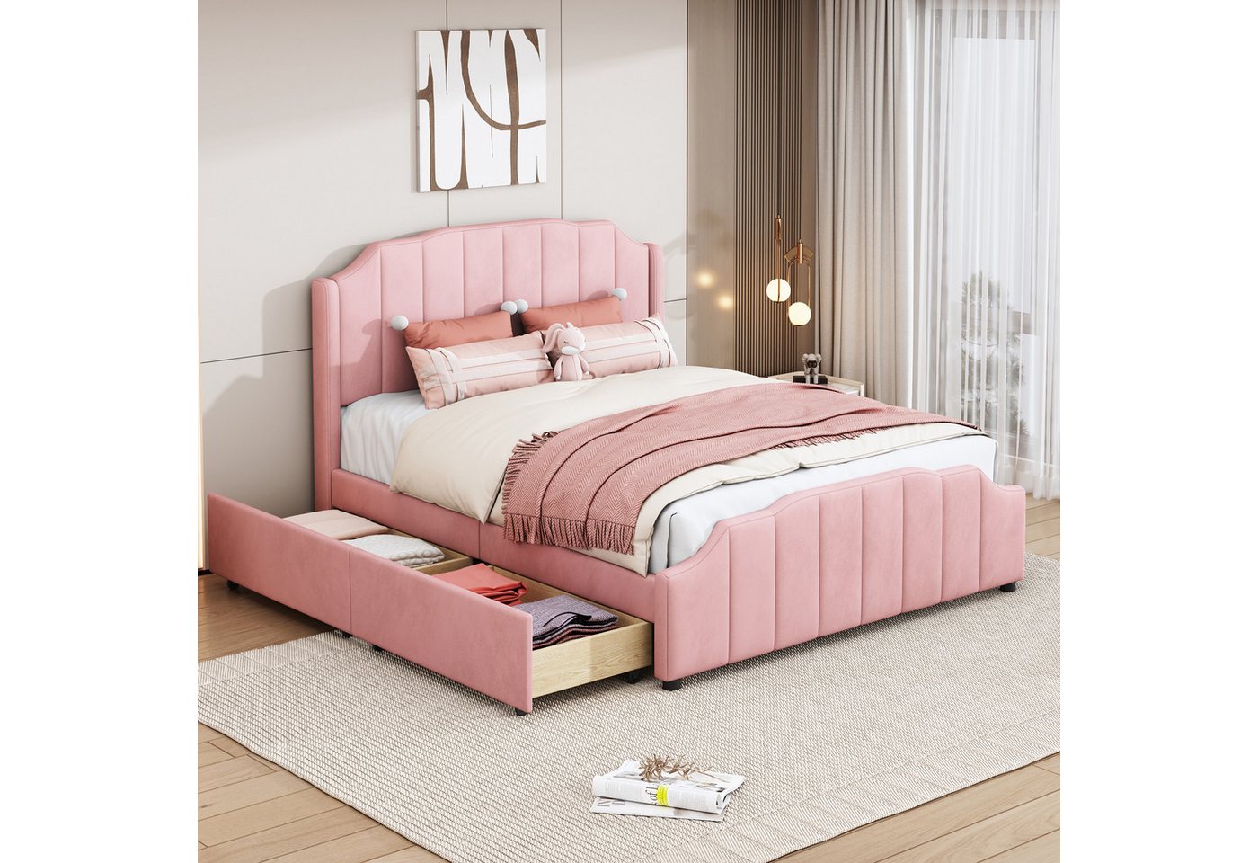 IDEASY Polsterbett Mit Samt gepolstertes Plattformbett, 2 ausziehbare Schubladen, beige/rosa/grau, 140 x 200 cm,hochwertige Holzlatten, geräuschlos von IDEASY