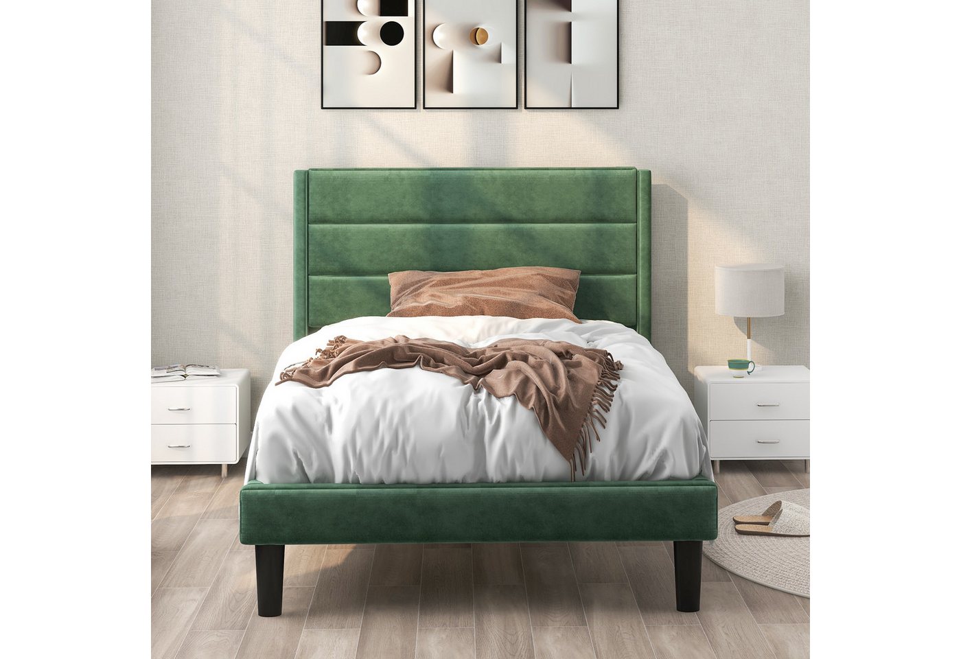 IDEASY Polsterbett Polsterbett, 140 * 200 cm / 90 * 200 cm, grüner Samt / (Lieferung ohne Dekoration), graue Baumwolle und Leinen, zentrale Stütze, Stauraum unter dem Bett von IDEASY