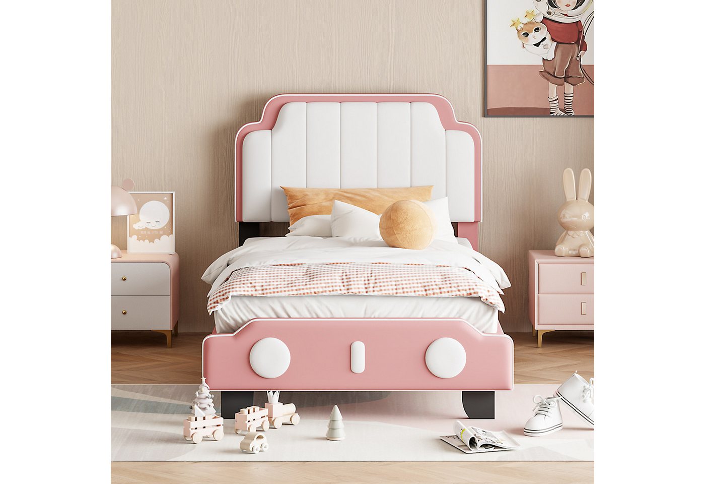 IDEASY Prinzessinbett, rosa/beige, MDF+Leder+Metall, gepolstertes Kopfteil von IDEASY