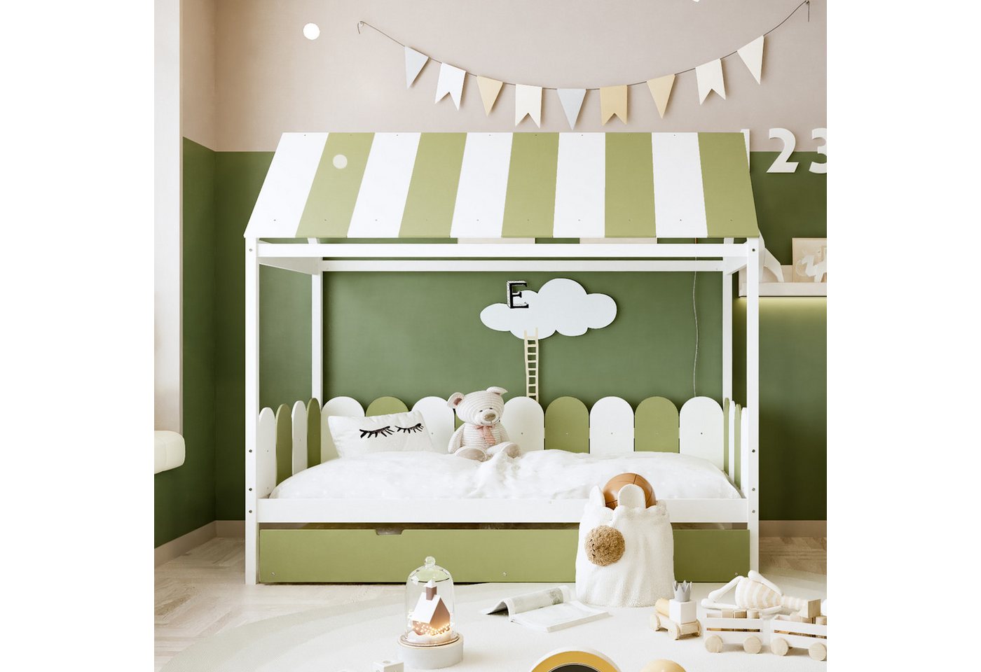 IDEASY Prinzessinbett Kinderbett 90x190 cm, mit Ausziehbett, mit Himmel, (Dachhimmeltextilien), Rausfallschutz, grün/rosa, ohne Matratze von IDEASY