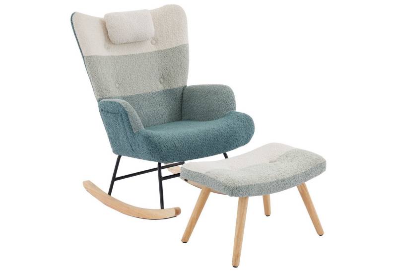 IDEASY Schaukelstuhl Boucle Schaukelstuhl Sessel Patchwork-Streifen Design mit Fußbank, Ergonomische 60 cm Rückenlehne, Seitentasche zur Aufbewahrung von IDEASY