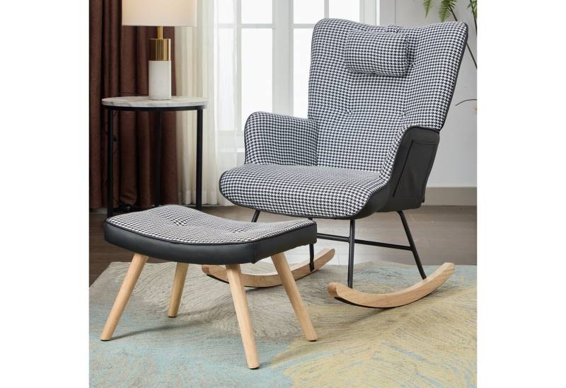 IDEASY Schaukelstuhl Chippendale Schaukelstuhl, Wohnzimmer Sessel, Seitentasche, Fußstütze, Schaumstoffkissen, Stabiler Eisen-Holzrahmen, 100kg Tragkraft von IDEASY