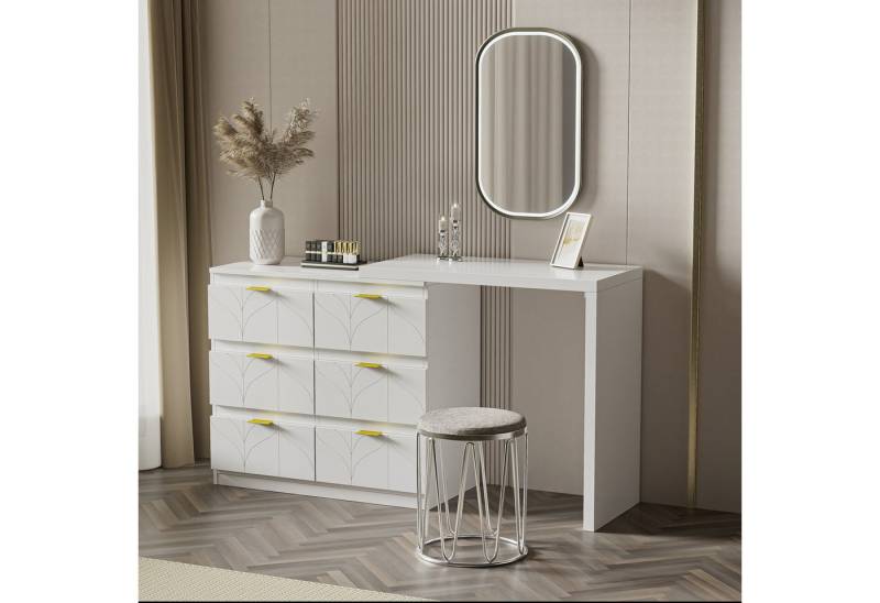 IDEASY Schminktisch Bürotisch mit 6 Schubladen, drehbare Tischplatte (180-Grad-Drehung) (Frisiertisch mit Beistelltisch, lackiert, stoßfeste abgerundete Ecken), 80B*40T*73H cm, weiß Kommode (ohne Spiegel und Hocker) von IDEASY