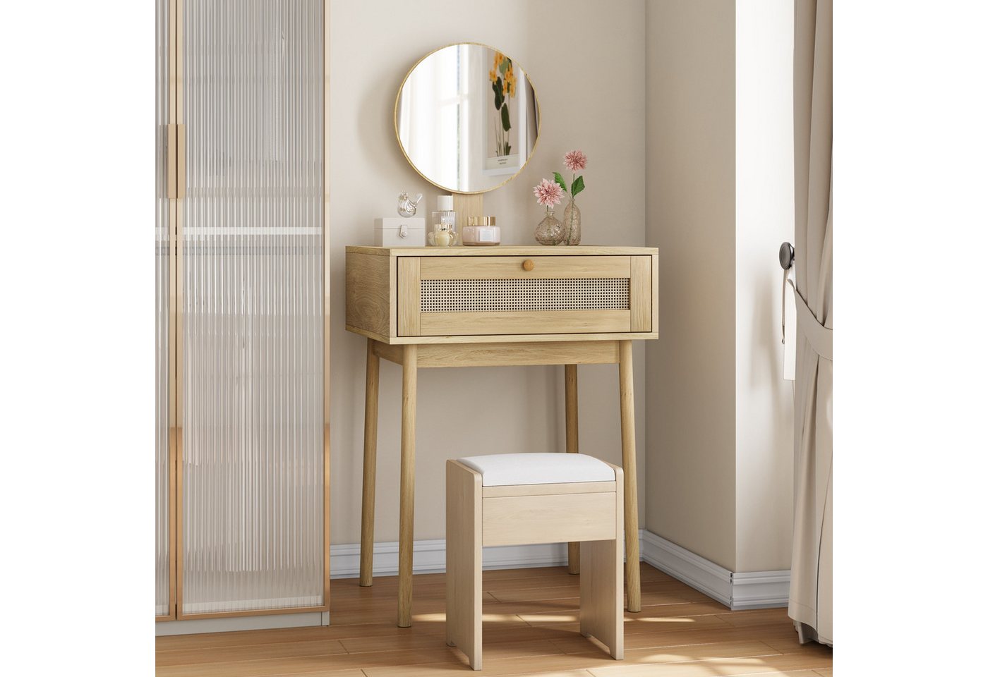 IDEASY Schminktisch Rattan-Schminktisch mit Spiegel, kompakt für kl. Räume IDEASY Schminktisch Rattan-Schminktisch mit Spiegel, kompakt für kl. Räume von IDEASY