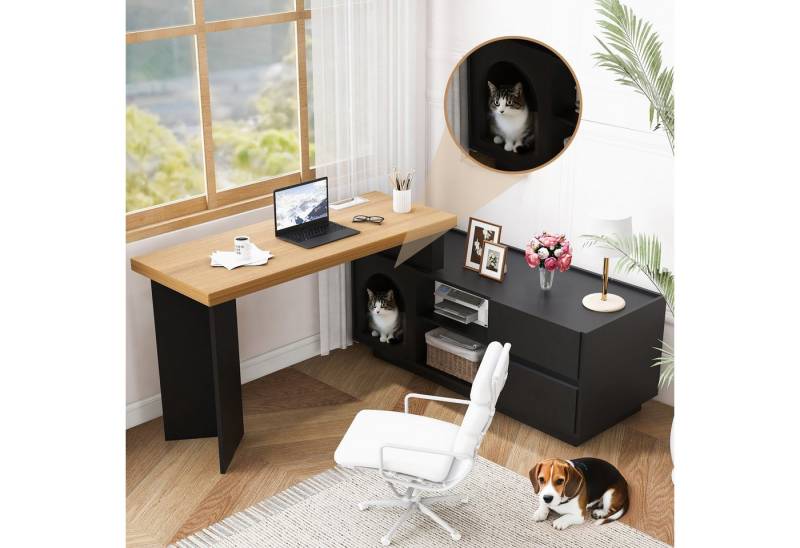 IDEASY Schreibtisch Eckschreibtisch L-Form mit XL-Tierhöhle & MDF-Platte, flexibel montierbar mit Tierhöhle von IDEASY