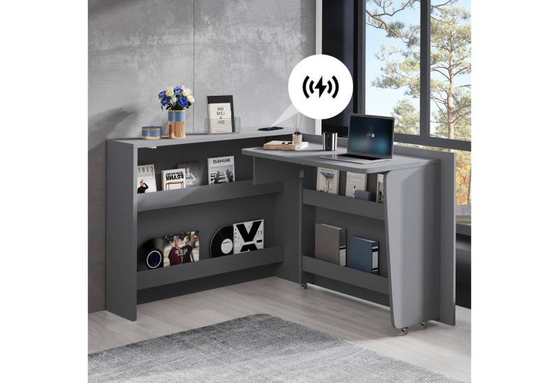 IDEASY Schreibtisch Faltbarer Roll-Schreibtisch mit Wireless Charger 2-in-1, Sideboard/Arbeitsplatz, Regal, Anti-Kipp & Bremsrollen von IDEASY
