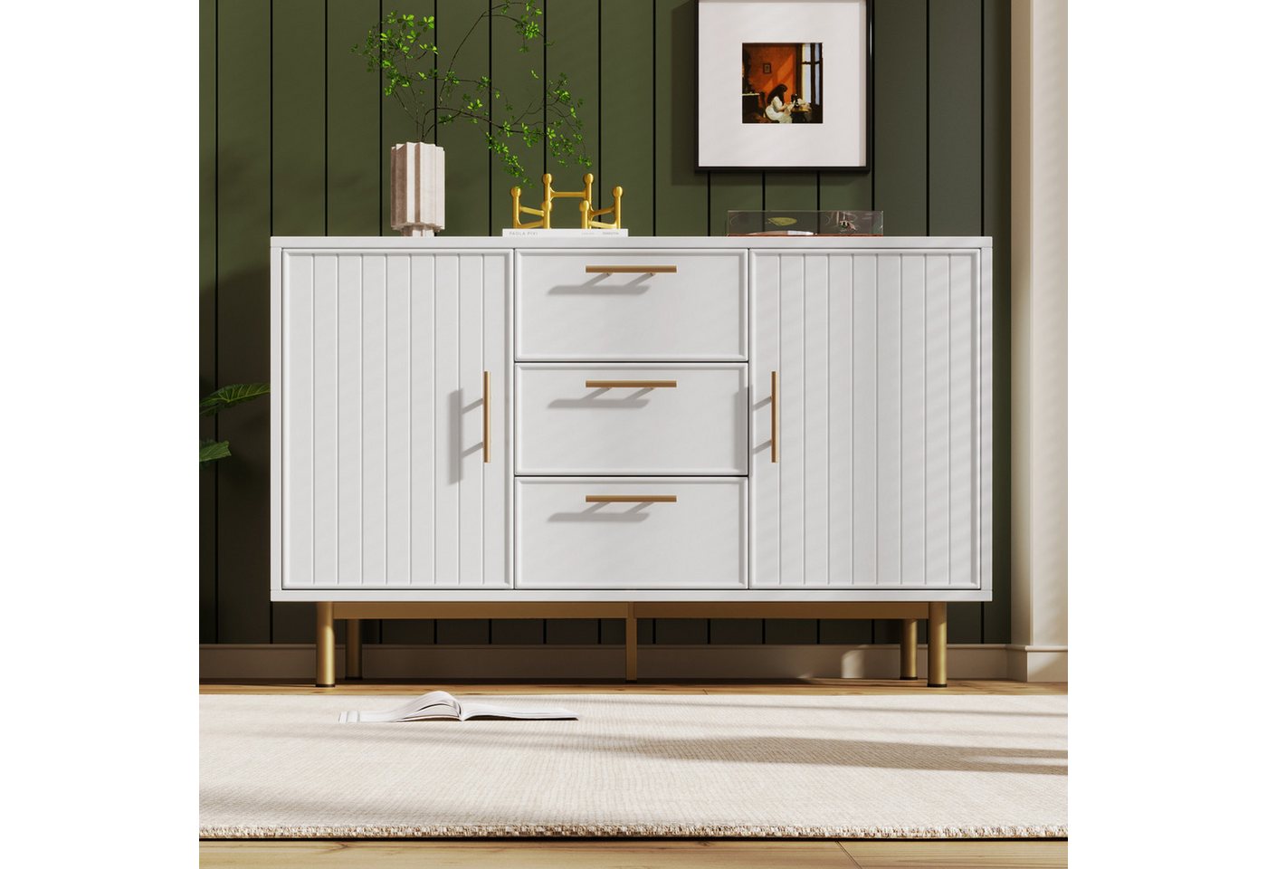 IDEASY Schubkastenkommode Kommode, Aufbewahrungsschrank, Sideboard, 2 Türen, 3 Schubladen, (Für Wohnzimmer, Küche, Esszimmer, Eingang), verstellbare Einlegeböden, goldene Griffe und Beine von IDEASY