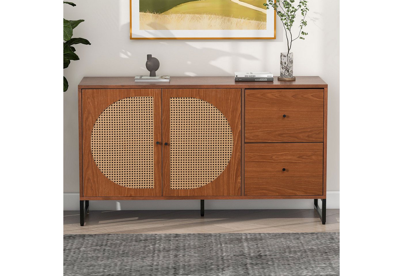 IDEASY Schubkastenkommode Rattan-Sideboard, Kommode, Küchenschrank, (Mehrzweckschrank mit 2 Türen und 2 Schubladen, mit Metallgriffen), verstellbare Einlegeböden,geeignet für Schlafzimmer, Wohnzimmer von IDEASY