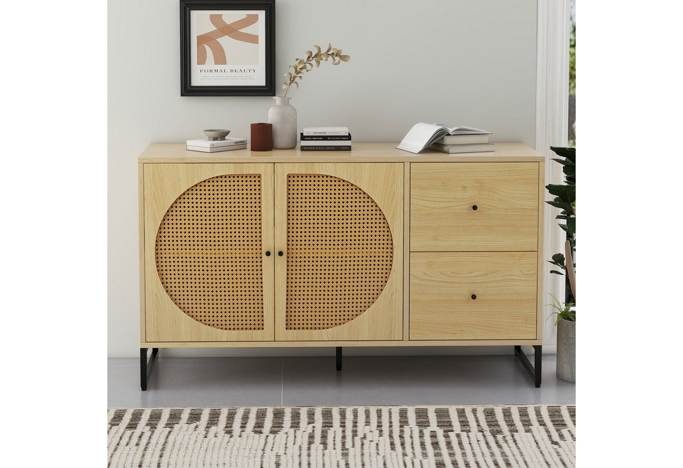 IDEASY Schubkastenkommode Rattan-Sideboard, Kommode, Küchenschrank, (Mehrzweckschrank mit 2 Türen und 2 Schubladen, mit Metallgriffen), verstellbare Einlegeböden,geeignet für Schlafzimmer, Wohnzimmer von IDEASY