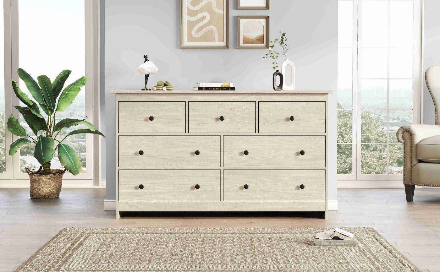 IDEASY Schubkastenkommode Sideboard, Aufbewahrungsschrank, Kommode mit 7 Schubladen, (feine Metallgriffe, solide Stützfüße, 140 x 40 x 82 cm), leicht zu reinigen, Schlafzimmermöbel im Landhausstil von IDEASY