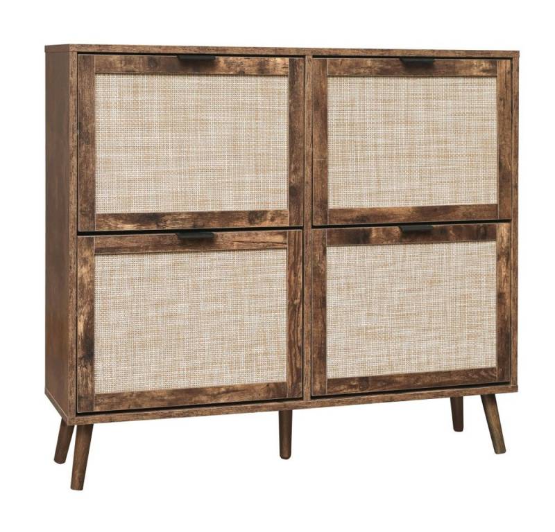 IDEASY Schuhschrank 105cm Retrobraun/Grau, Moderner Schuhschrank (vier Türen, Rattan-Optik, Doppeltes Regal, mit Rückwand) mit Stauraum, geeignet für Flure und Eingangsbereiche von IDEASY
