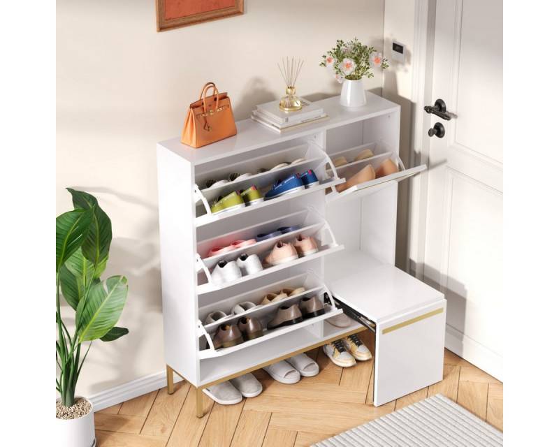 IDEASY Schuhschrank Geprägter Wellen-Design-Schuhschrank, Sideboard, mit Schuhwechselbank (Verdeckte Auszugsbank mit drei Klapptüren) Trennwanddesign, Fasst 12-16 Paar Schuhe, Belastbarkeit 80 kg von IDEASY