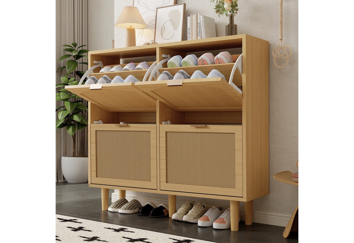 IDEASY Schuhschrank Schuhschrank 4 Klappschubladen Rattan Metallgriffe Landhausstil Holzmöbel für Flur, Schlafzimmer IDEASY Schuhschrank Schuhschrank 4 Klappschubladen Rattan Metallgriffe Landhausstil Holzmöbel für Flur, Schlafzimmer von IDEASY