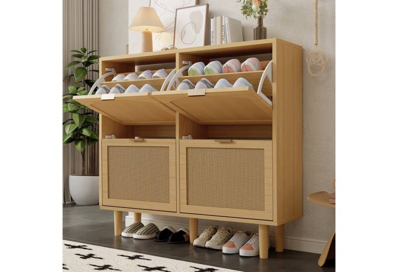 IDEASY Schuhschrank Schuhschrank 4 Klappschubladen Rattan Metallgriffe Landhausstil Holzmöbel für Flur, Schlafzimmer von IDEASY