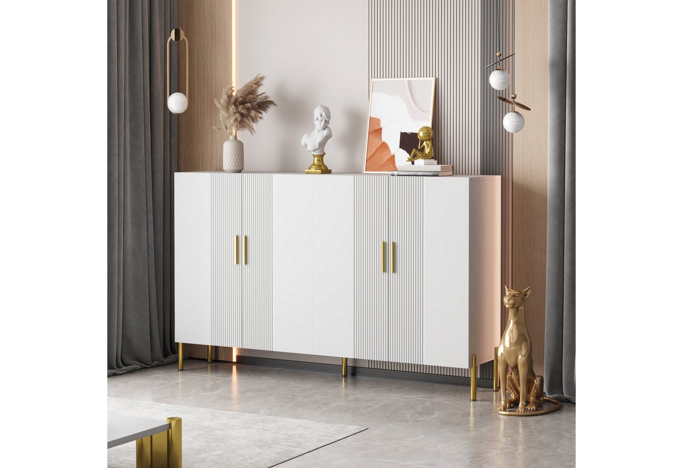 IDEASY Sideboard Elegantes Sideboard weiß matt, Anrichte, verstellbare Trennwände (Anti-Kipp-Vorrichtung), 4 Türen, goldfarbene Griffe und Füße, 80 kg belastbar von IDEASY