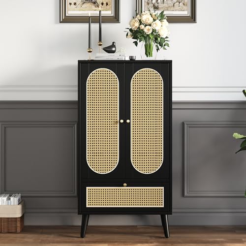 IDEASY Sideboard Highboard 1,1m Kompakt Schwarz Rattan-Design Esszimmerschrank mit 2 Türen & 1 Schublade - Bücherregal mit Stauraum von IDEASY