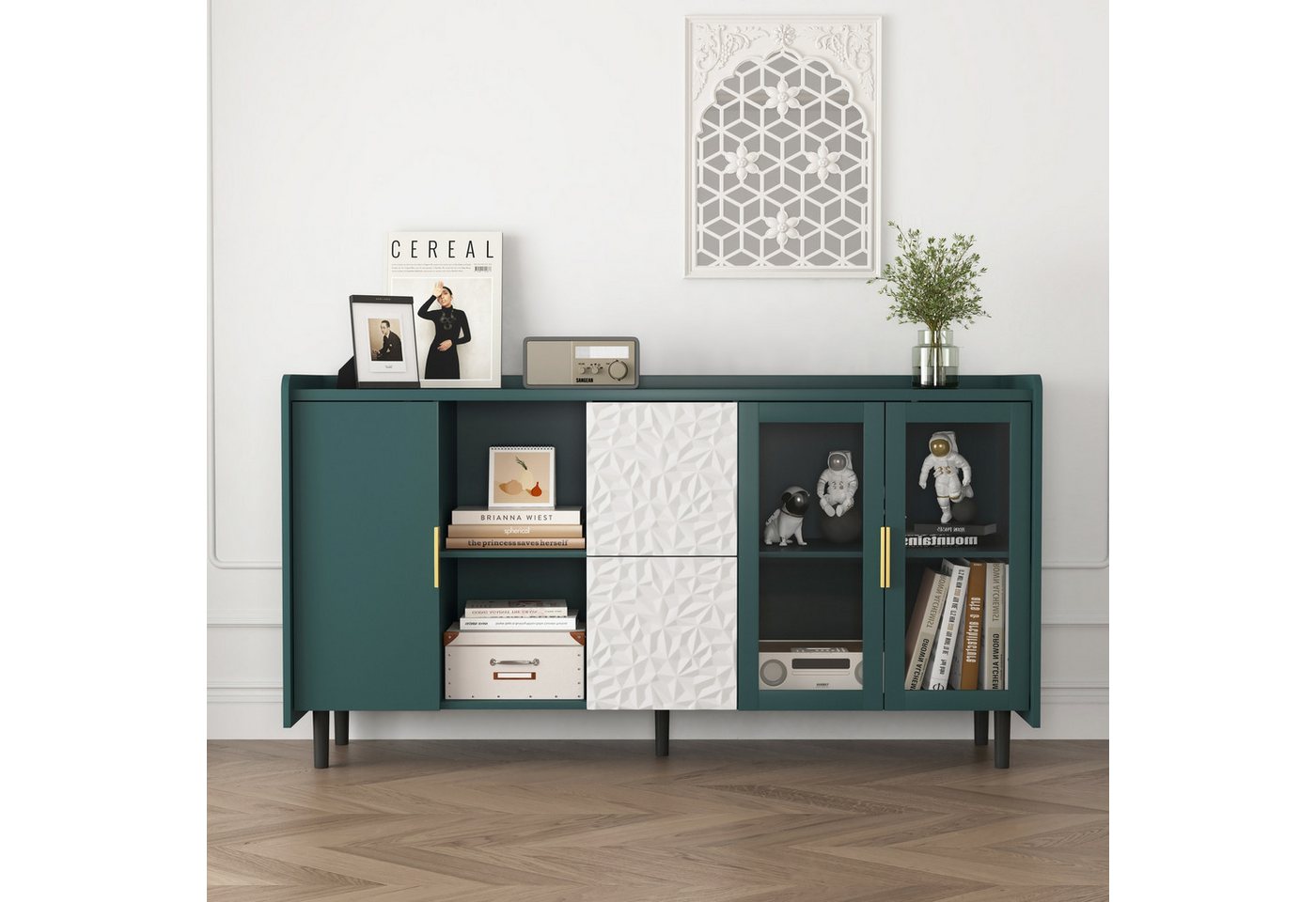 IDEASY Sideboard Kaffeebar-Schrank 140cm Grün mit 2 Schubladen & Glas von IDEASY