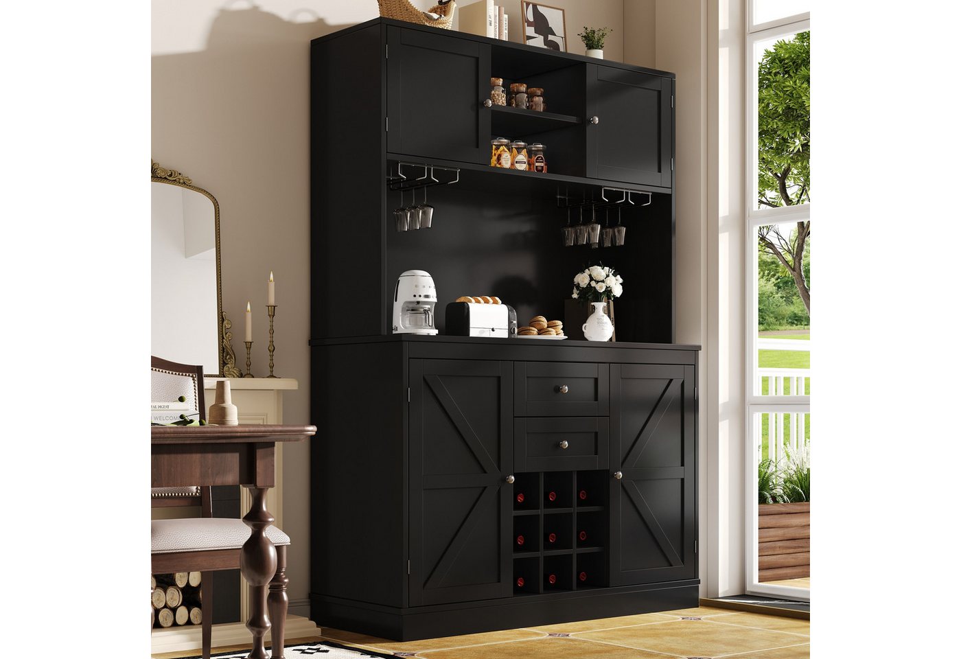 IDEASY Sideboard Küchenbuffet mit 4 Türen, 2 Schubladen & Weinregal Weiß von IDEASY