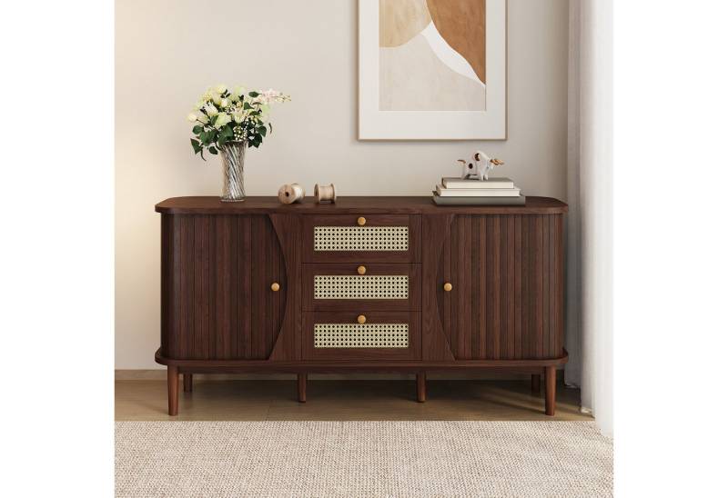 IDEASY Sideboard Rustikales Sideboard, Aufbewahrungsschrank, Kommode, 140.5x40x76 cm, Holz und Rattan Design, 3 Schubladen, 2 Türen, abgerundete Kanten von IDEASY