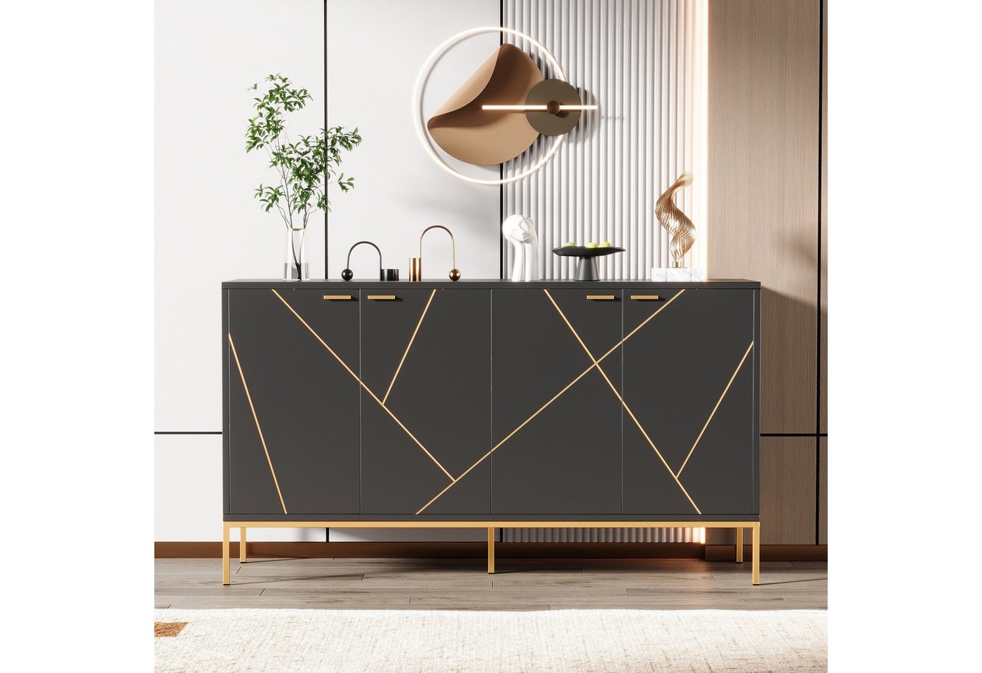 IDEASY Sideboard Schwarz-Gold Sideboard mit 4 Türen & Metallfüßen IDEASY Sideboard Schwarz-Gold Sideboard mit 4 Türen & Metallfüßen von IDEASY
