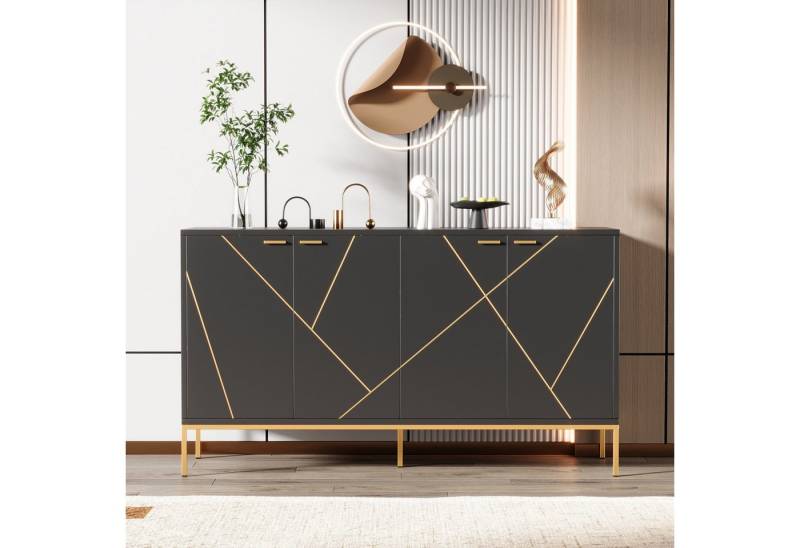 IDEASY Sideboard Schwarz-Gold Sideboard mit 4 Türen & Metallfüßen von IDEASY