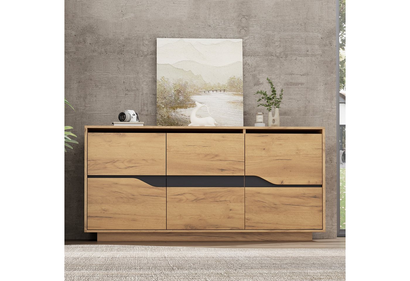 IDEASY Sideboard Sideboard 140cm 3 Türen verstellbar Holz/Schwarz von IDEASY