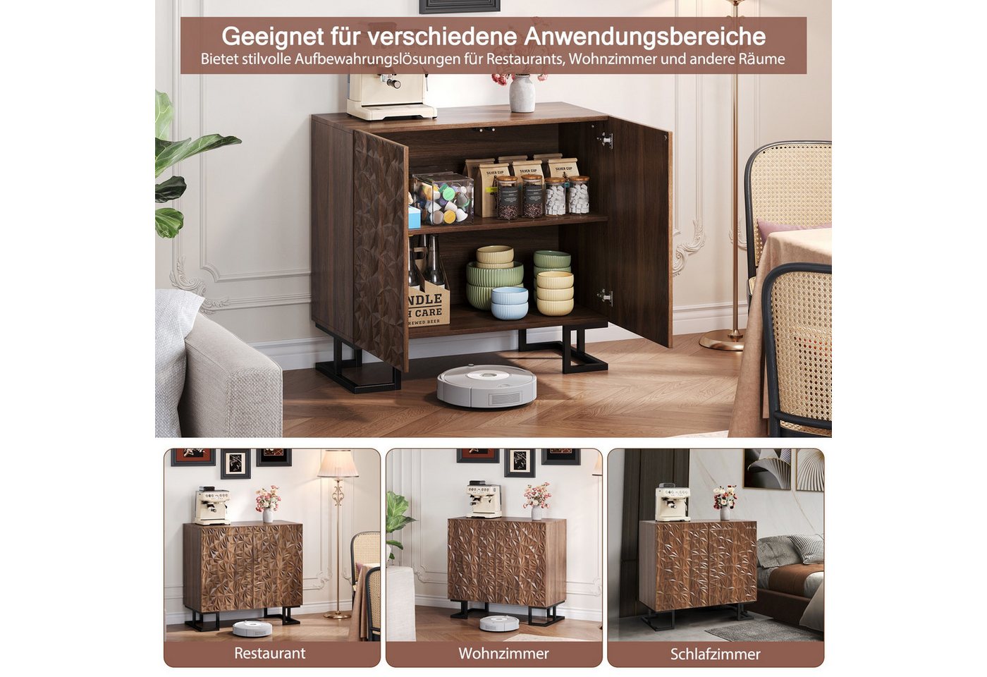 IDEASY Sideboard Sideboard-Kommode Dunkle Walnuss Push-Open,Metallfüße IDEASY Sideboard Sideboard-Kommode Dunkle Walnuss Push-Open,Metallfüße von IDEASY