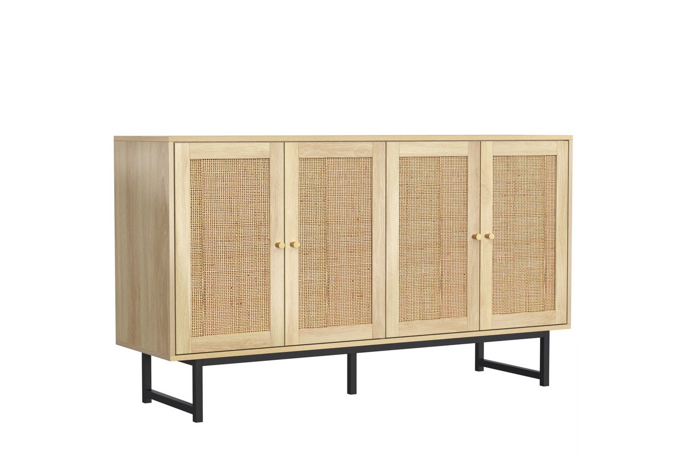 IDEASY Sideboard Sideboard mit echtem Rattangeflecht, Landhausstil Anrichte, 4 Türen (Bodenhöhe 18 cm, geeignet für Kehrroboter), Goldfarbener Griff, schwarze Metallfüße, 50 kg Tragfähigkeit von IDEASY