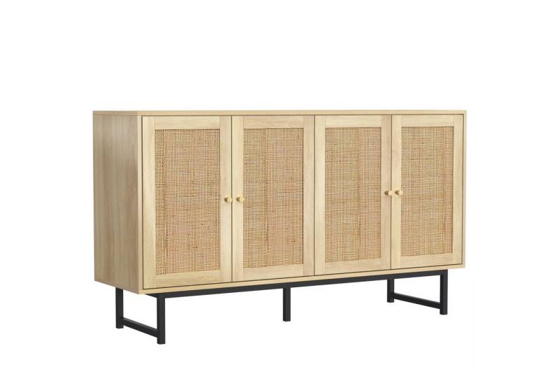 IDEASY Sideboard Sideboard mit echtem Rattangeflecht, Landhausstil Anrichte, 4 Türen (Bodenhöhe 18 cm, geeignet für Kehrroboter), Goldfarbener Griff, schwarze Metallfüße, 50 kg Tragfähigkeit von IDEASY
