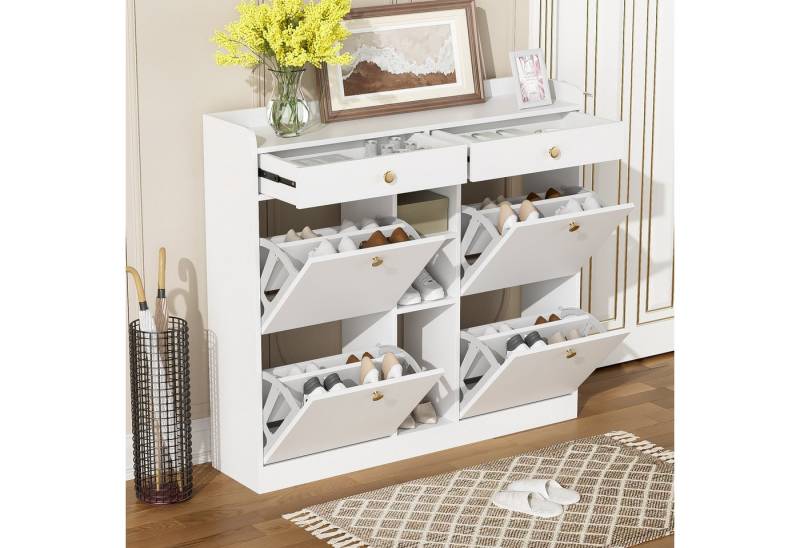 IDEASY Sideboard Weißer Schuhschrank mit 4 Klapptüren, 2 Schubl.+3 Fächer Flur von IDEASY