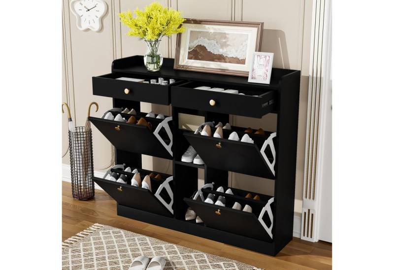 IDEASY Sideboard Weißer Schuhschrank mit 4 Klapptüren, 2 Schubl.+3 Fächer Flur von IDEASY