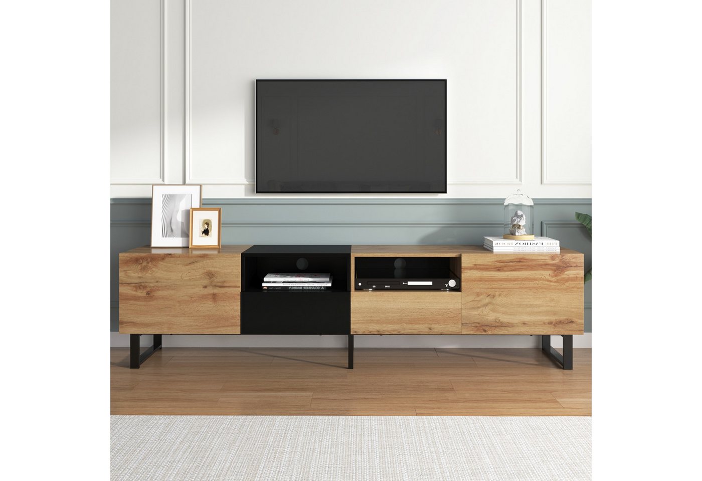 IDEASY Spind Moderner TV-Schrank, farblich passendes Design in Schwarz und Holz, zwei Türen, zwei Schubladen, zwei Fächer, 190*38*48 cm von IDEASY